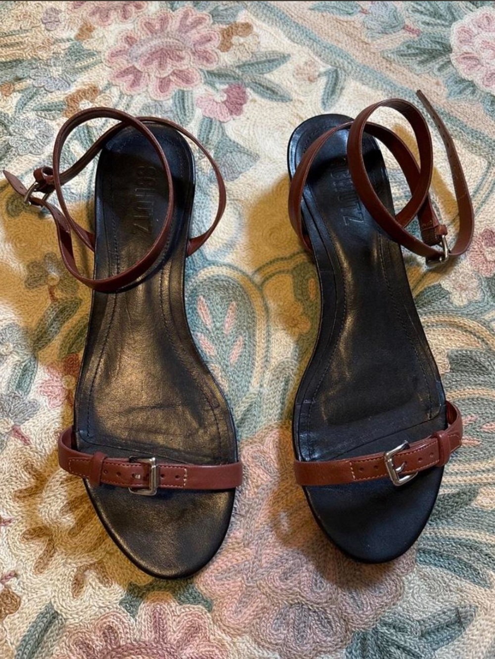 Schutz Brown Cognac Leather Ankle-Strap Sandals - Women